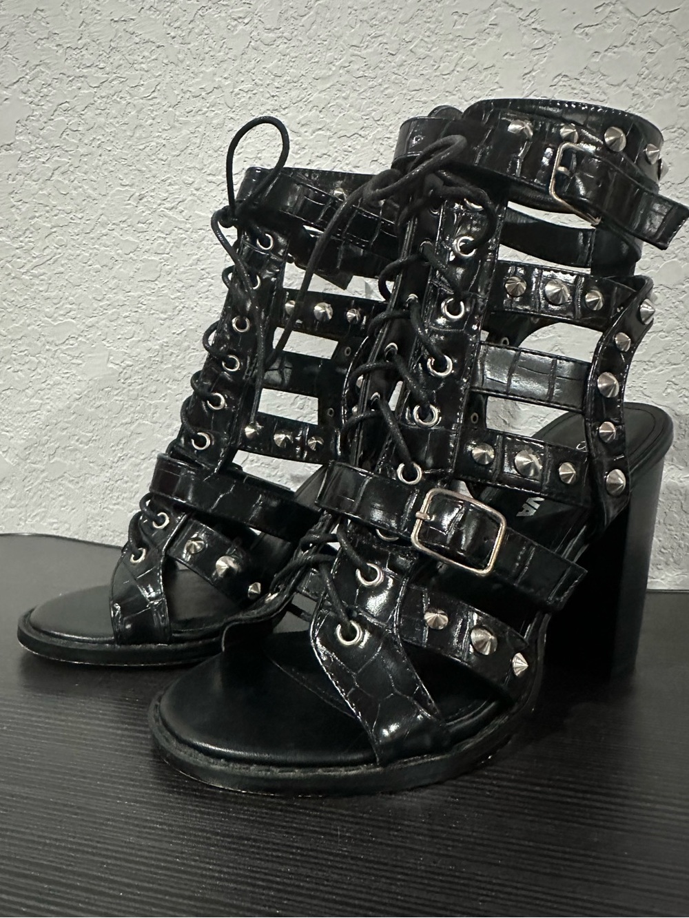 Fashion Nova Black Studded Cage Lace-Up Heels size 7.5